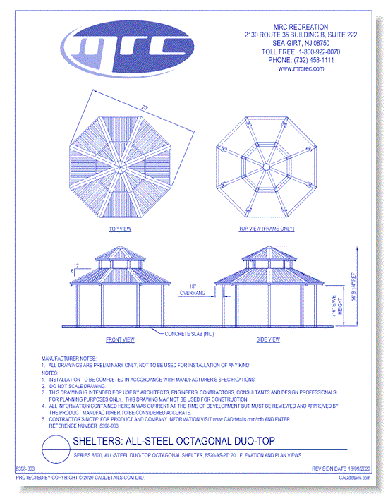 Superior Shelter & Amenities: Series 8500, All-Steel Duo-Top Octagonal Shelter, 20' Elevation And Plan Views (8S20-AS-2T)