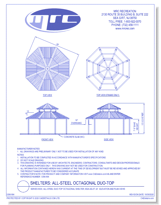 Superior Shelter & Amenities: Series 8500, All-Steel Duo-Top Octagonal Shelter, 24' Elevation And Plan Views (8S24-AS-2T)