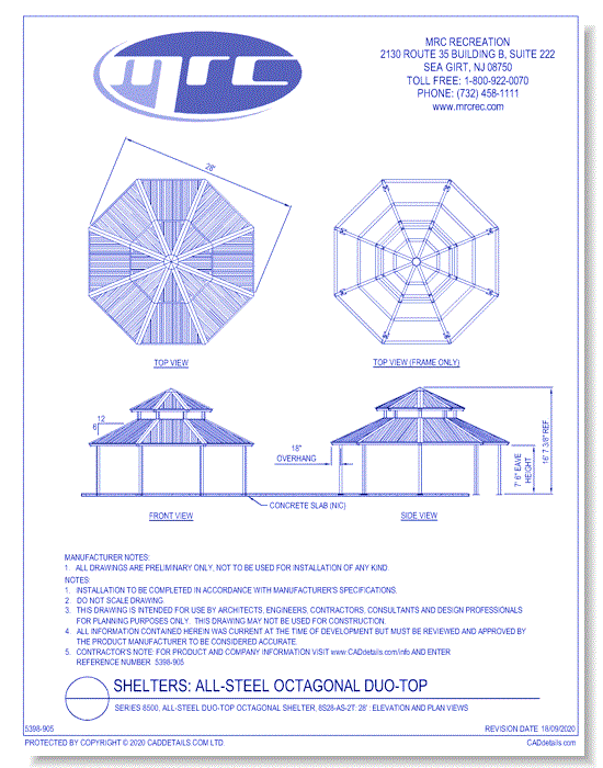 Superior Shelter & Amenities: Series 8500, All-Steel Duo-Top Octagonal Shelter, 28' Elevation And Plan Views (8S28-AS-2T)