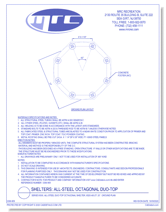 Superior Shelter & Amenities: Series 8500, All-Steel Duo-Top Octagonal Shelter, 20' Ground Plan (8S20-AS-2T)