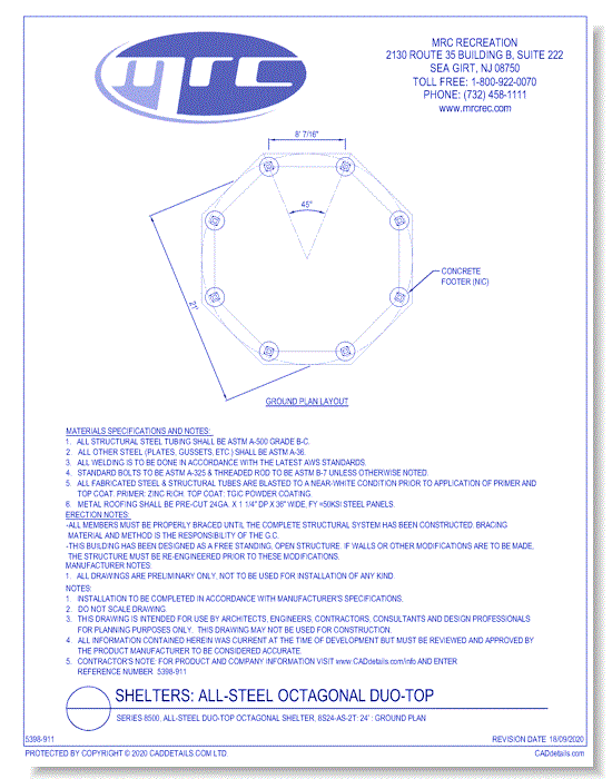 Superior Shelter & Amenities: Series 8500, All-Steel Duo-Top Octagonal Shelter, 24' Ground Plan (8S24-AS-2T)