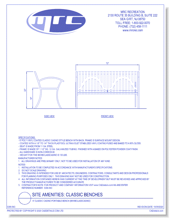 Superior Shelter & Amenities: 6' Classic Casino Portable Bench (B6WBCLASSCASINO)