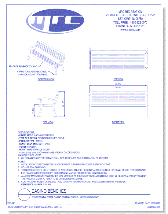 Superior Shelter & Amenities: 6' Horizontal Strap Casino Portable Bench (B6WBHORZCASINO)