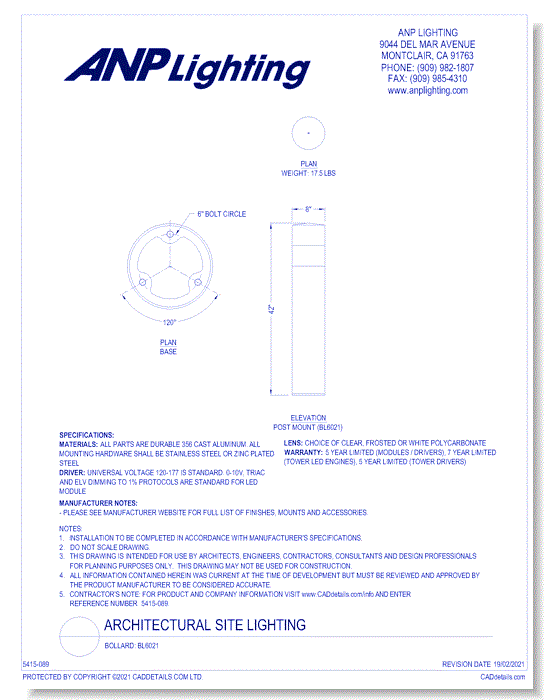 Bollard: BL6021 (8")