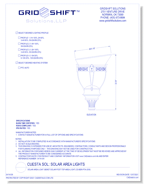 Solar Area Light: Beret Solar Post Top Area Light (CS-BER-PTA-35W)