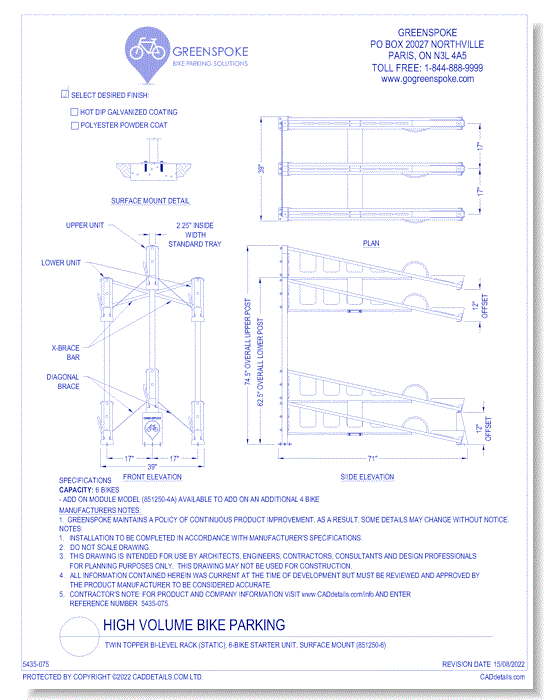 (851250-6) Twin Topper Bi-Level Rack (Static), 6-Bike Starter Unit, Surface Mount 