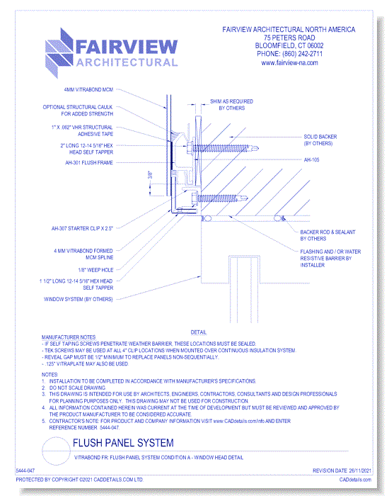  Vitrabond FR (MCM / Aluminum Cladding Material): Flush Panel System Condition A - Window Head Detail