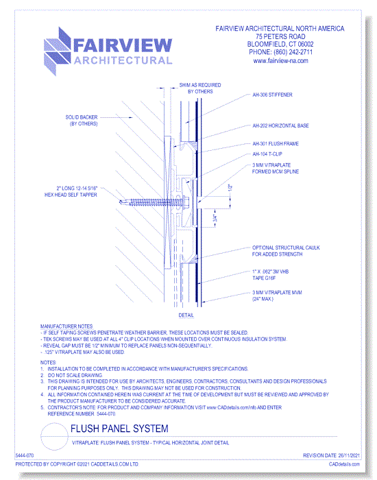 Vitraplate Solid Aluminum Panel: Flush Panel System - Typical Horizontal Joint Detail