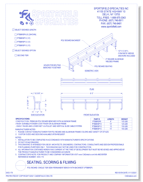 Polyboard: Single Tier Semi Permanent Bench with Backrest (PTBBRSP)