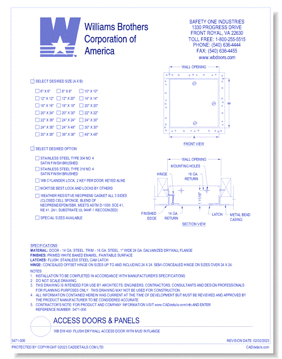 WB DW 400: Flush Drywall Access Door with Mud In Flange