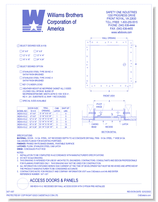 WB RDW 410-2: Recessed Drywall Access Door with Gypsum Pre-Installed