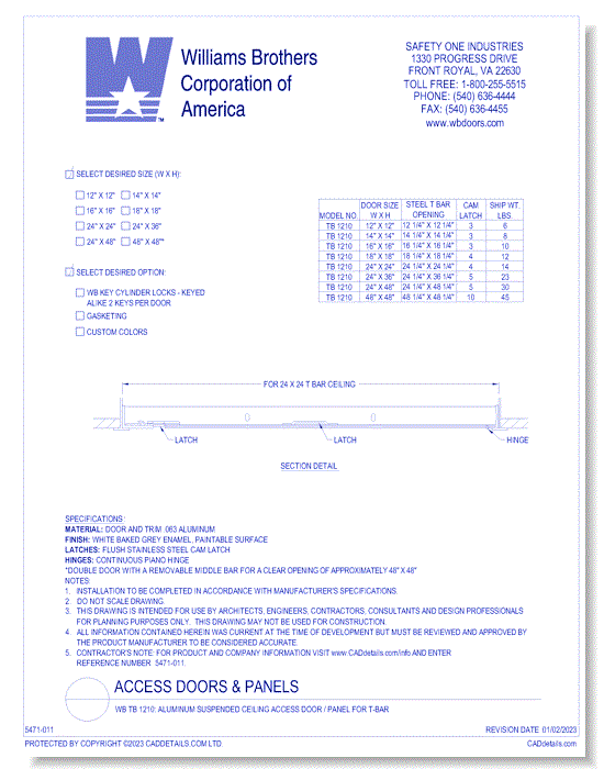 WB TB 1210: Aluminum Suspended Ceiling Access Door / Panel for T-Bar