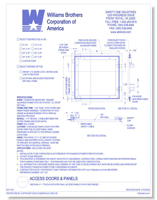 WB DWAL 411: Touch Latch Drywall Access Panels with Fixed Hinges