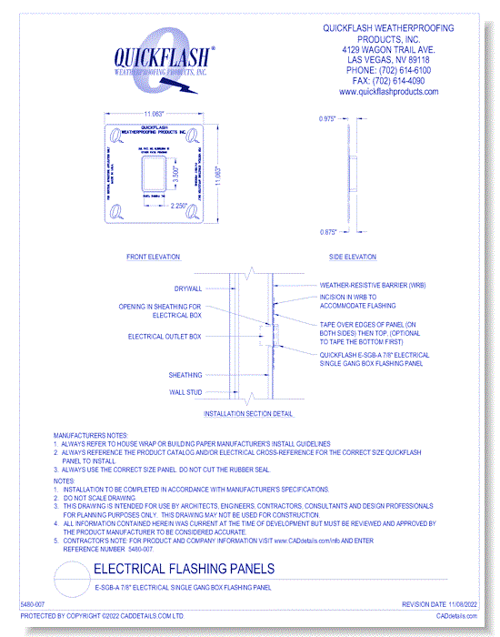 E-SGB-A 7/8" Electrical Single Gang Box Flashing Panel