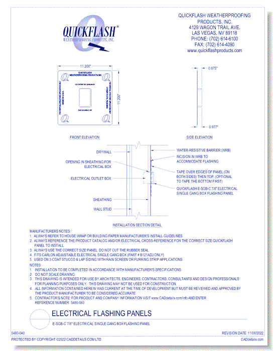 E-SGB-C 7/8" Electrical Single Gang Box Flashing Panel