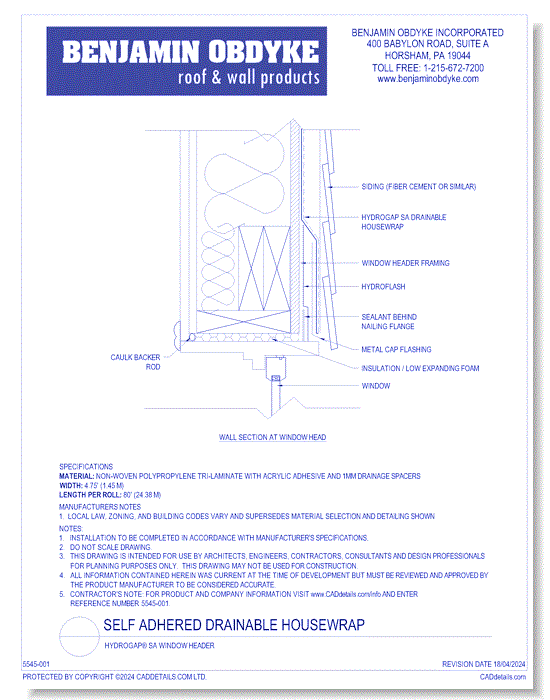 Self Adhered Drainable Housewrap: HydroGap® SA Window Header