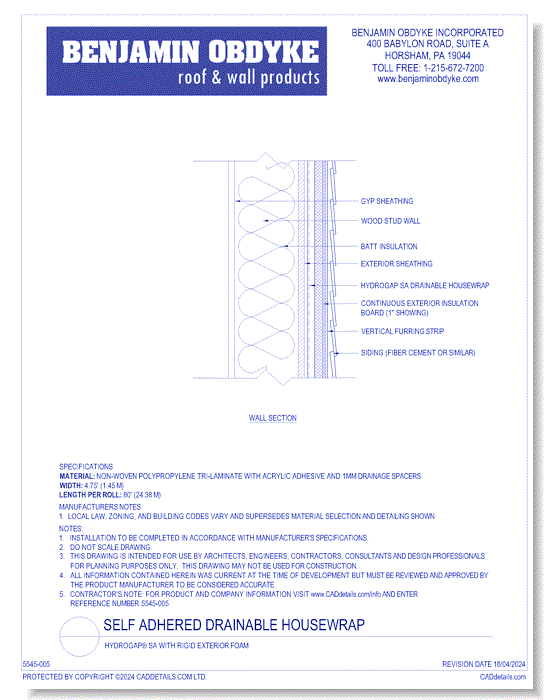 Self Adhered Drainable Housewrap: HydroGap® SA With Rigid Exterior Foam