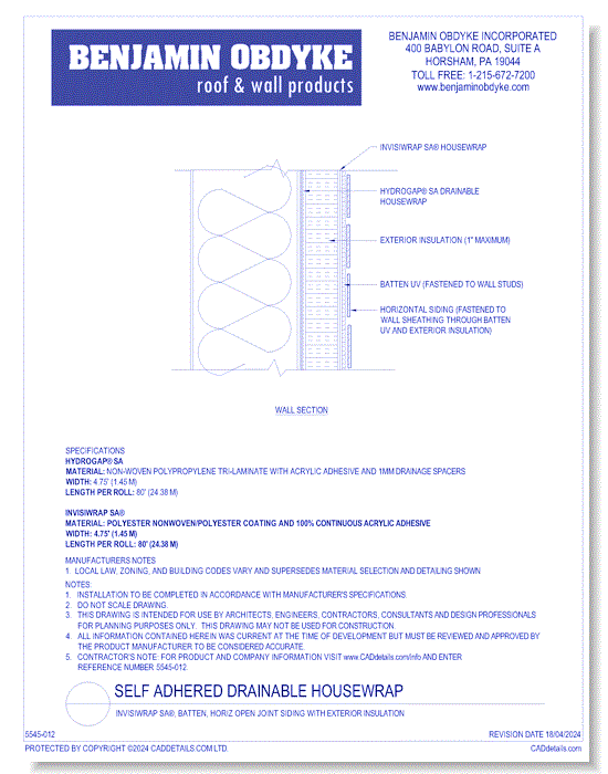 HydroGap Self Adhered, Exterior Insulation: InvisiWrap SA, Batten, horiz open joint siding