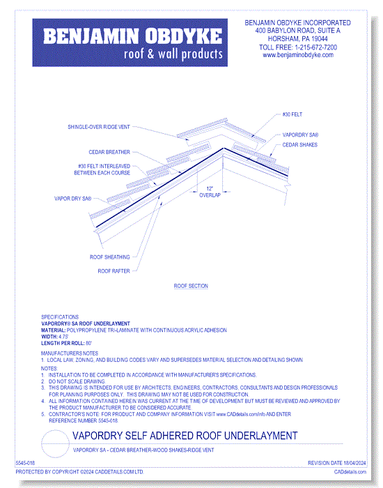 VaporDry Self Adhered Roof Underlayment: VaporDry SA - Cedar Breather-Wood Shakes-Ridge Vent