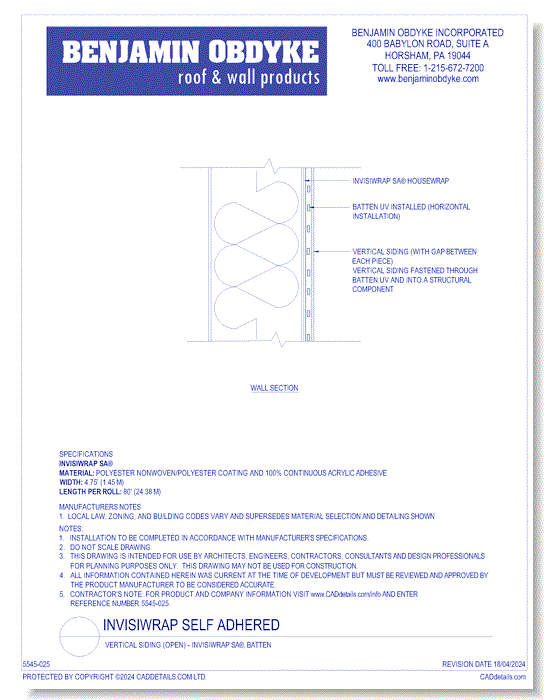 InvisiWrap Self Adhered: Vertical Siding (open) - InvisiWrap SA, Batten