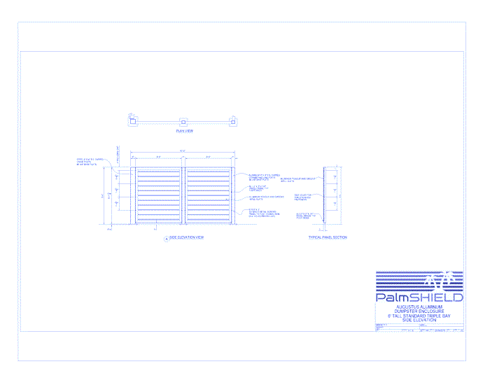 Augustus Aluminum Triple Bay Dumpster Enclosures: 6" Tall Standard Triple Bay Side Elevation