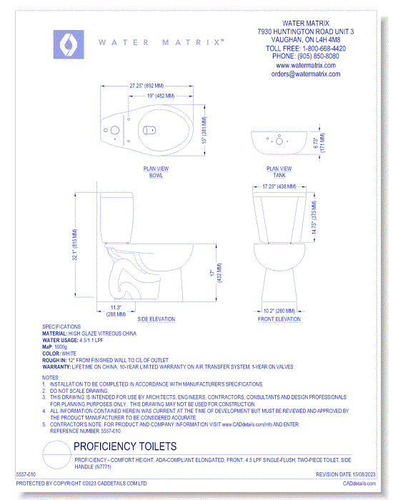 Proficiency - Comfort Height, ADA-Compliant Elongated, Front, 4.5 lpf Single-Flush, Two-Piece Toilet, Side Handle (N7771)