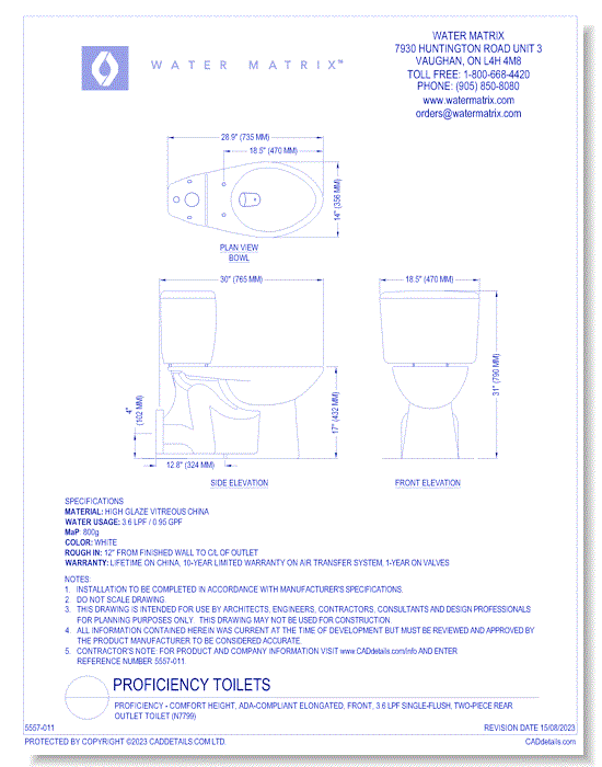 Proficiency - Comfort Height, ADA-Compliant Elongated, Front, 3.6 lpf Single-Flush, Two-Piece Rear Outlet Toilet (N7799)