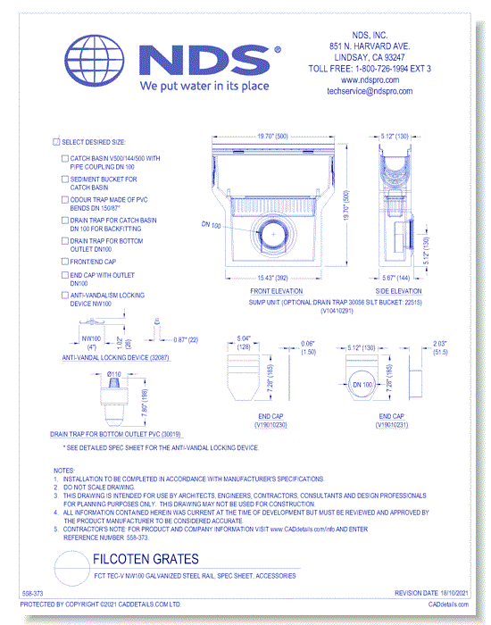 FCT Tec-V NW100 Galvanized Steel Rail, Spec Sheet, Accessories