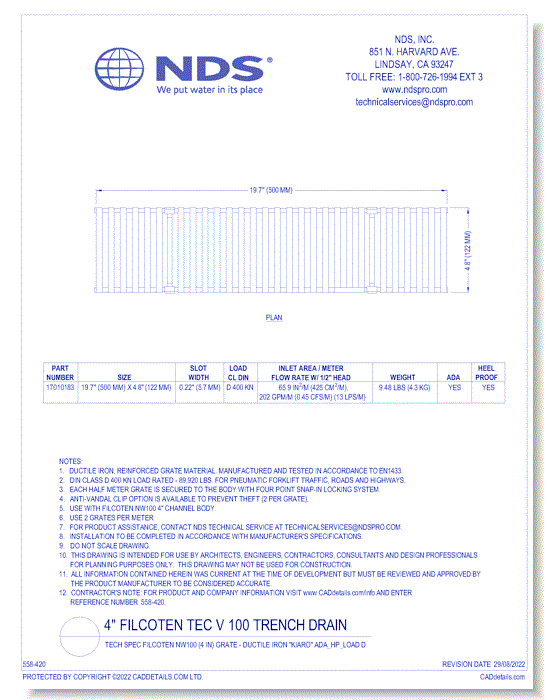 Grate: Spec Filcoten NW100 (4 in)  - Ductile Iron "KIARO" ADA_HP_LOAD D