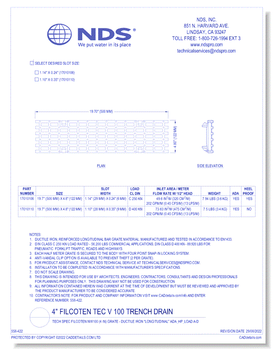 Grate: Spec Filcoten NW100 (4 in) - Ductile Iron "LONGITUDINAL" ADA_HP_LOAD A-D