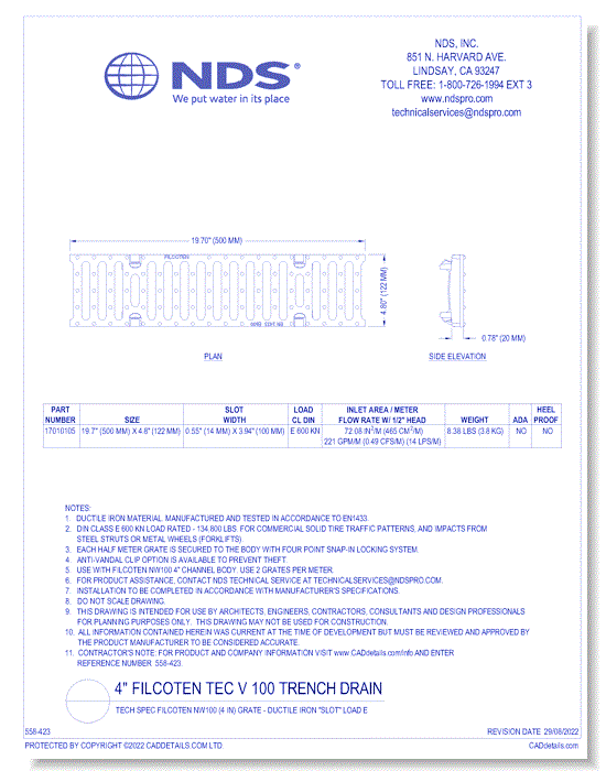 Grate: Spec Filcoten NW100 (4 in)  - Ductile Iron "SLOT" LOAD E