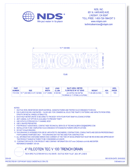 Grate: Spec Filcoten NW100 (4 in)  - Ductile Iron "VILLE" ADA_HP_LOAD E