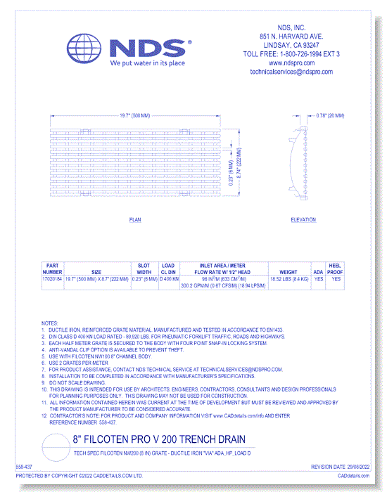 Grate: Spec Filcoten NW200 (8 in) - Ductile Iron "VIA" ADA_HP_LOAD D