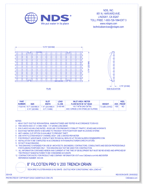 Grate: Spec Filcoten NW200 (8 in) - Ductile Iron "LONGITUDINAL" ADA_HP_LOAD A-D