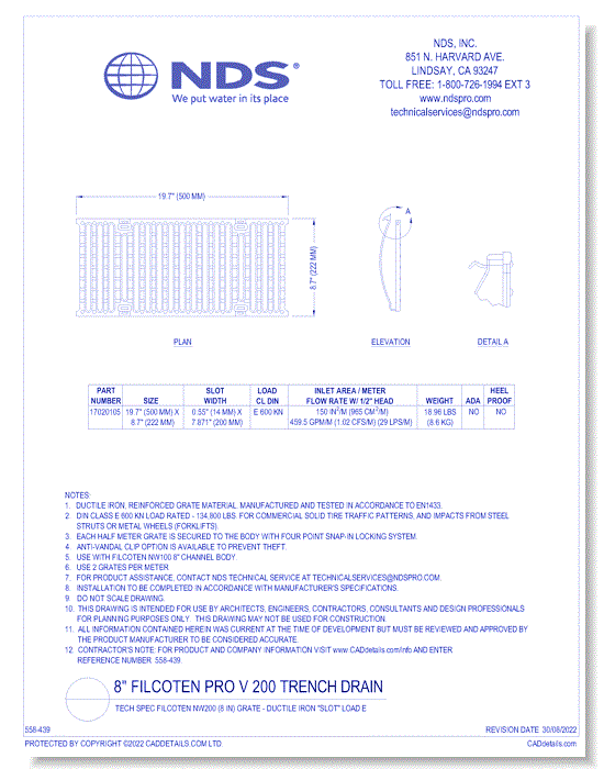 Grate: Spec Filcoten NW200 (8 in) - Ductile Iron "SLOT" LOAD E