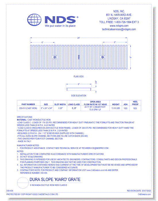 Grate: Tech Spec Dura Slope DuctileIron"KIARO"ADA_HP_LOAD D