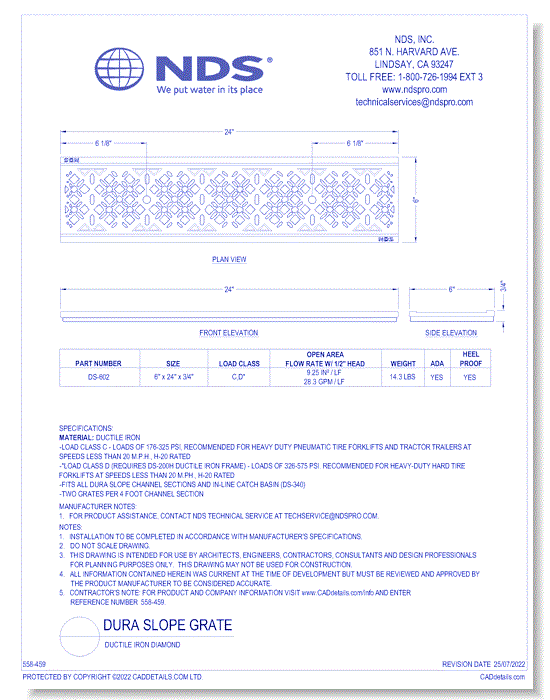 Grate: Spec Dura Slope Ductile Iron Deco "DIAMOND" ADA_HP_LOAD D