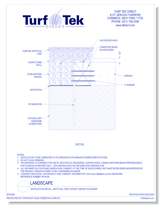 Installation Detail - Artificial Turf Against Asphalt W/ Nailers