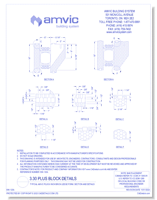 Typical Amvic Plus  6 Inch Brick Ledge Form, Section & Details