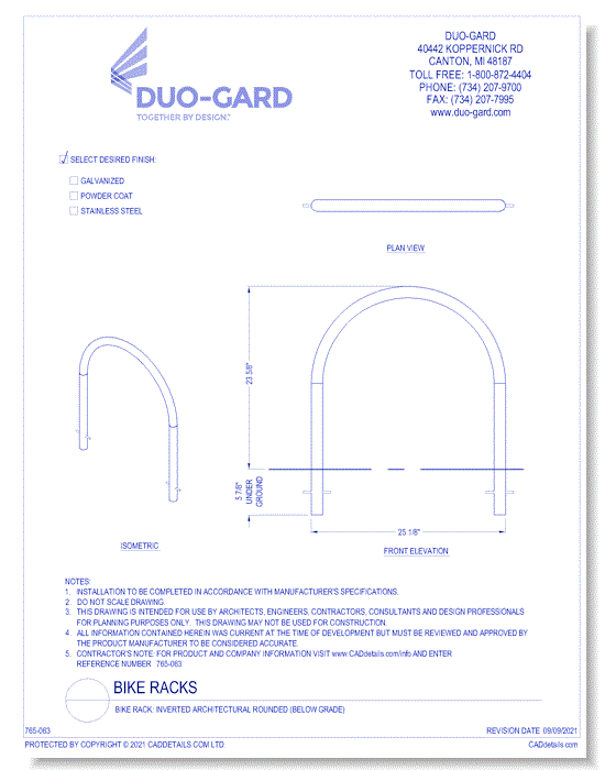 Bike Rack: Inverted Architectural Rounded (Below Grade)