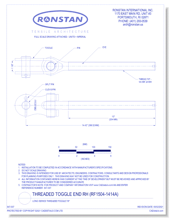 (RF1504-1414A) Threaded Toggle End RH: Long Series 7/8 Inch