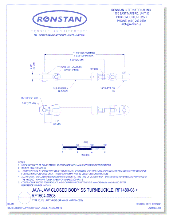 (RF1480-08 + RF1504-0808) J-4, Jaw-Jaw Closed Body SS Turnbuckle, Type 10, 1/2 Inch UNF Thread