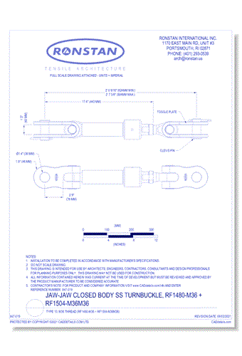 (RF1480-M36 + RF1504-M36M36) J-10, Jaw-Jaw Closed Body SS Turnbuckle, Type 10, 1 3/8 Inch UNF Thread