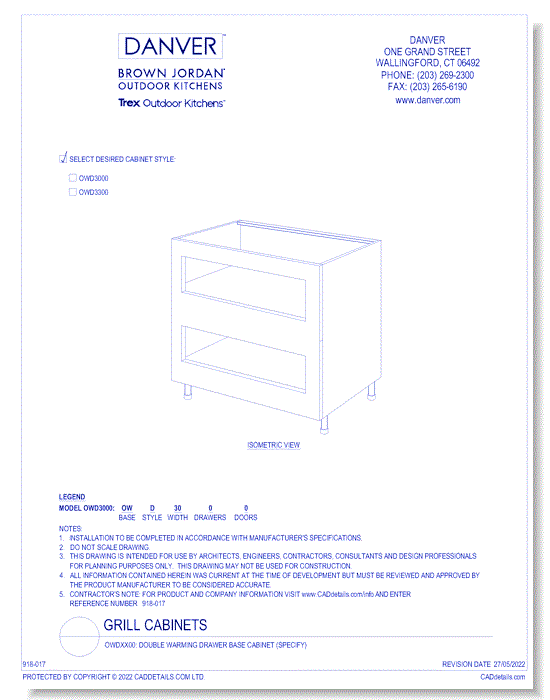 OWDXX00: Double Warming Drawer Base Cabinet (specify)